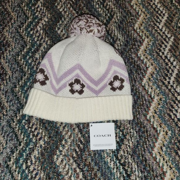 Coach Cream and Purple Beanie main image 4